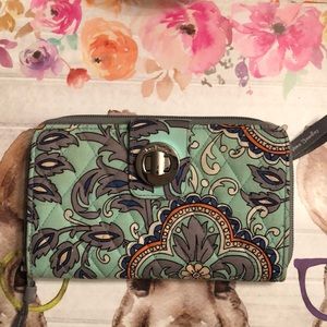 Vera Bradley turn lock wallet green grey paisley print